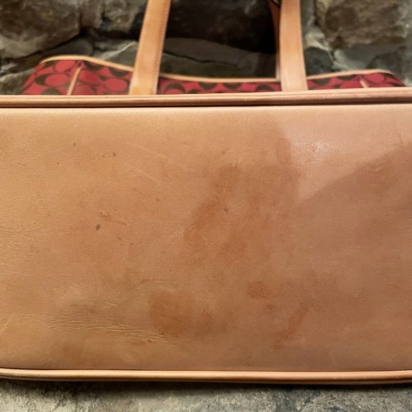 Coach Signature Zip Top Tote Red Canvas Tan Leather Trim Handbag - Picture 9 of 9